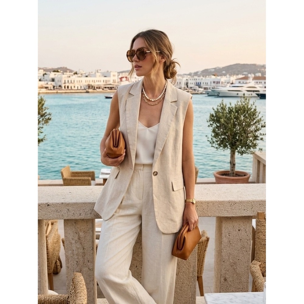Stradivarius Beige Longline Sleeveless Tailored Blazer Vest M Coastal Minimalist